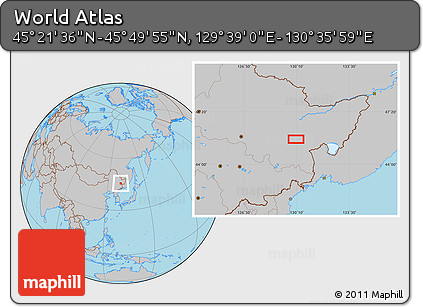 Gray Location Map of the Area around 45° 35' 46" N, 130° 7' 30" E
