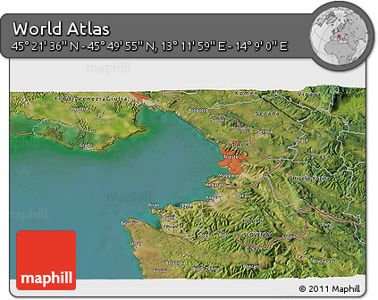 Satellite 3D Map of the Area around 45° 35' 46" N, 13° 40' 30" E