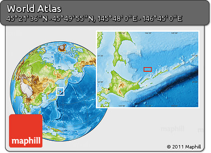 Physical Location Map of the Area around 45° 35' 46" N, 146° 16' 30" E