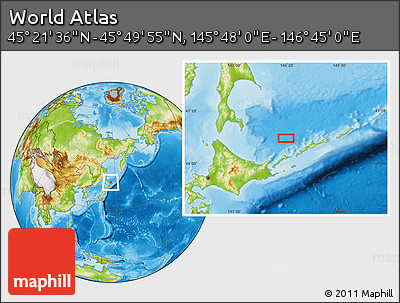 Physical Location Map of the Area around 45° 35' 46" N, 146° 16' 30" E