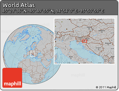 Gray Location Map of the Area around 45° 35' 46" N, 15° 22' 30" E, hill shading