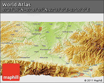 Physical 3D Map of the Area around 45° 35' 46" N, 23° 1' 29" E