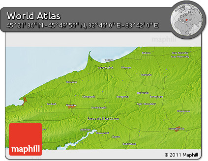 Physical 3D Map of the Area around 45° 35' 46" N, 33° 13' 30" E