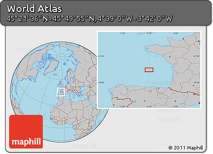 Gray Location Map of the Area around 45° 35' 46" N, 4° 10' 30" W