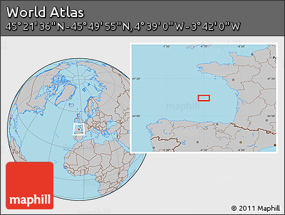 Gray Location Map of the Area around 45° 35' 46" N, 4° 10' 30" W
