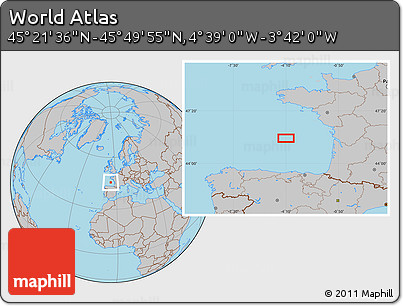 Gray Location Map of the Area around 45° 35' 46" N, 4° 10' 30" W