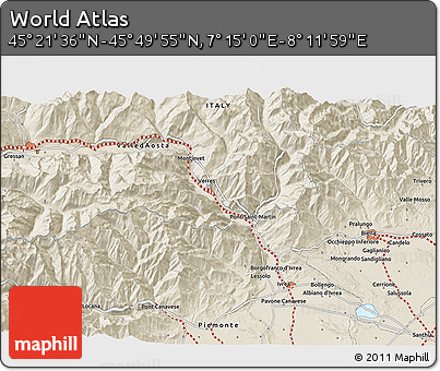 Shaded Relief 3D Map of the Area around 45° 35' 46" N, 7° 43' 29" E