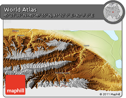 Physical 3D Map of the Area around 45° 35' 46" N, 81° 40' 30" E