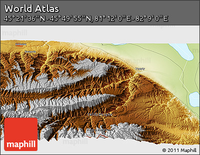Physical 3D Map of the Area around 45° 35' 46" N, 81° 40' 30" E