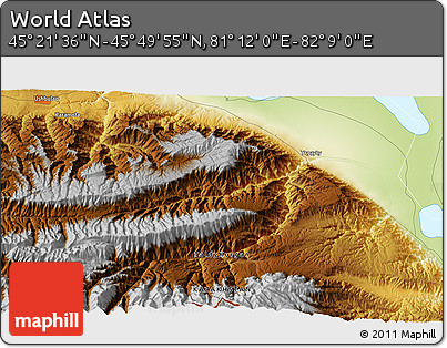 Physical 3D Map of the Area around 45° 35' 46" N, 81° 40' 30" E