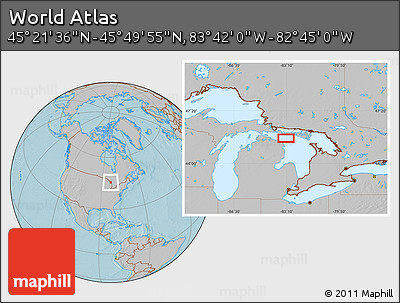 Gray Location Map of the Area around 45° 35' 46" N, 83° 13' 29" W, hill shading