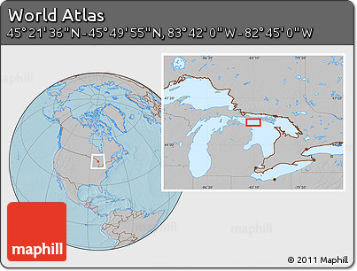 Gray Location Map of the Area around 45° 35' 46" N, 83° 13' 29" W, hill shading
