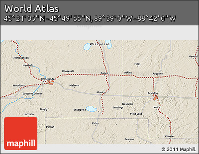 Shaded Relief 3D Map of the Area around 45° 35' 46" N, 89° 10' 30" W