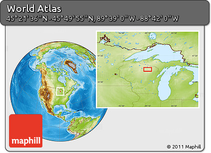 Physical Location Map of the Area around 45° 35' 46" N, 89° 10' 30" W