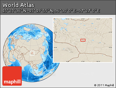 Shaded Relief Location Map of the Area around 45° 35' 46" N, 96° 58' 29" E