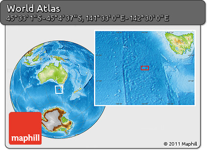 Physical Location Map of the Area around 45° 18' 49" S, 142° 1' 30" E
