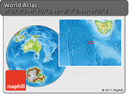 Physical Location Map of the Area around 45° 18' 49" S, 143° 43' 29" E