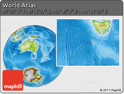 Physical Location Map of the Area around 45° 18' 49" S, 143° 43' 29" E