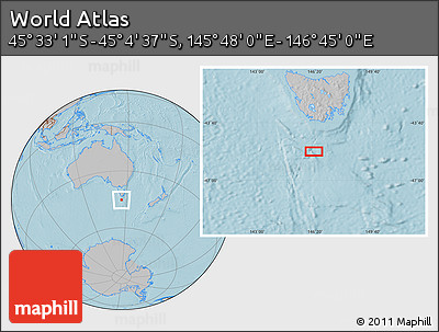 Gray Location Map of the Area around 45° 18' 49" S, 146° 16' 30" E, hill shading