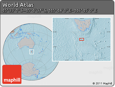 Gray Location Map of the Area around 45° 18' 49" S, 146° 16' 30" E, hill shading
