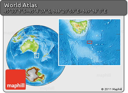 Physical Location Map of the Area around 45° 18' 49" S, 148° 49' 29" E