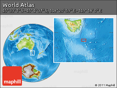 Physical Location Map of the Area around 45° 18' 49" S, 148° 49' 29" E