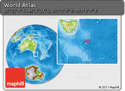 Physical Location Map of the Area around 45° 18' 49" S, 150° 31' 30" E