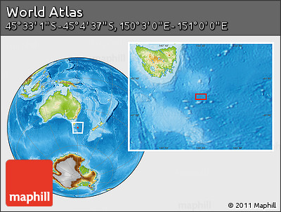 Physical Location Map of the Area around 45° 18' 49" S, 150° 31' 30" E