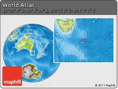 Physical Location Map of the Area around 45° 18' 49" S, 150° 31' 30" E