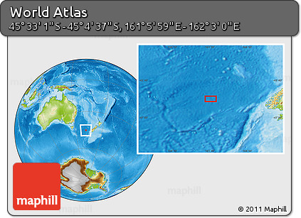 Physical Location Map of the Area around 45° 18' 49" S, 161° 34' 29" E
