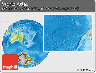 Physical Location Map of the Area around 45° 18' 49" S, 161° 34' 29" E