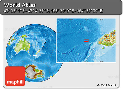 Physical Location Map of the Area around 45° 18' 49" S, 164° 7' 30" E
