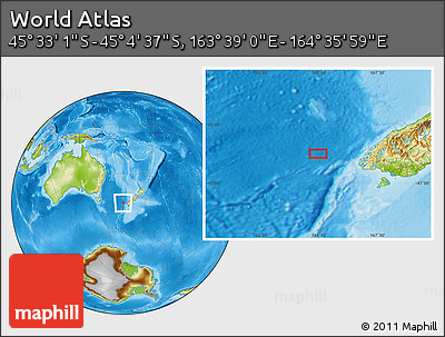 Physical Location Map of the Area around 45° 18' 49" S, 164° 7' 30" E
