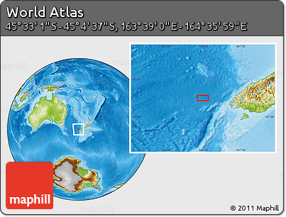 Physical Location Map of the Area around 45° 18' 49" S, 164° 7' 30" E