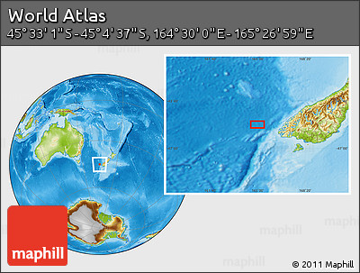 Physical Location Map of the Area around 45° 18' 49" S, 164° 58' 29" E