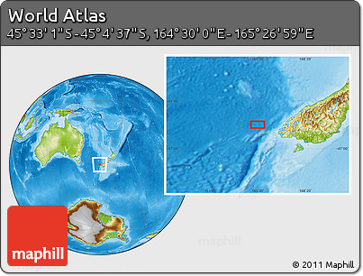 Physical Location Map of the Area around 45° 18' 49" S, 164° 58' 29" E