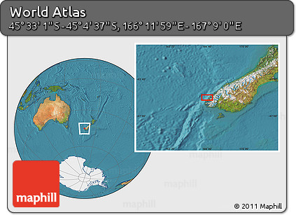 Satellite Location Map of the Area around 45° 18' 49" S, 166° 40' 30" E