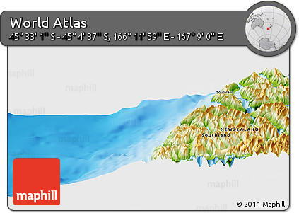 Physical Panoramic Map of the Area around 45° 18' 49" S, 166° 40' 30" E