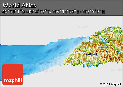 Physical Panoramic Map of the Area around 45° 18' 49" S, 166° 40' 30" E