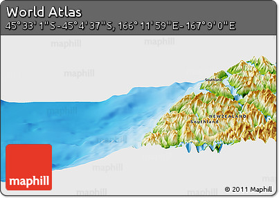 Physical Panoramic Map of the Area around 45° 18' 49" S, 166° 40' 30" E