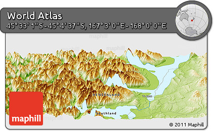 Physical Panoramic Map of the Area around 45° 18' 49" S, 167° 31' 30" E