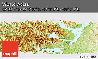 Physical Panoramic Map of the Area around 45° 18' 49" S, 167° 31' 30" E