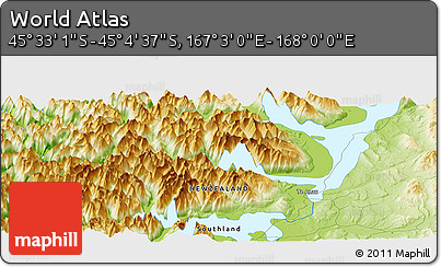 Physical Panoramic Map of the Area around 45° 18' 49" S, 167° 31' 30" E