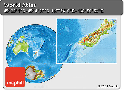 Physical Location Map of the Area around 45° 18' 49" S, 168° 22' 30" E