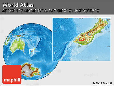 Physical Location Map of the Area around 45° 18' 49" S, 168° 22' 30" E