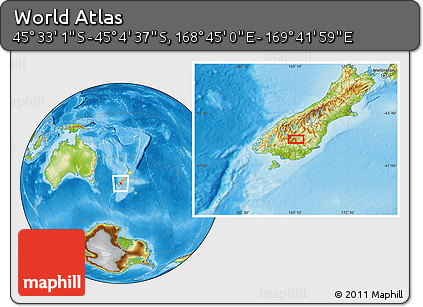 Physical Location Map of the Area around 45° 18' 49" S, 169° 13' 29" E