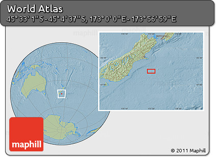 Savanna Style Location Map of the Area around 45° 18' 49" S, 173° 28' 29" E, hill shading