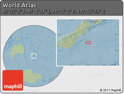 Savanna Style Location Map of the Area around 45° 18' 49" S, 173° 28' 29" E, hill shading