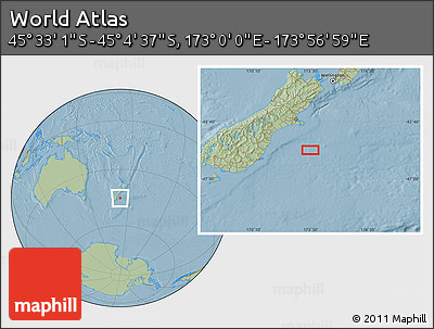 Savanna Style Location Map of the Area around 45° 18' 49" S, 173° 28' 29" E, hill shading