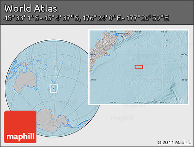 Gray Location Map of the Area around 45° 18' 49" S, 176° 52' 30" E, hill shading